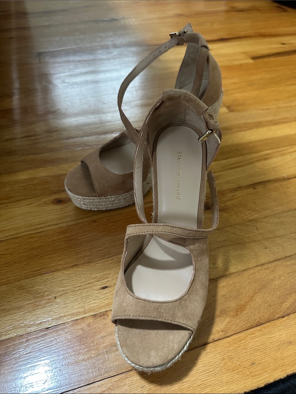 Saks Fifth Avenue Tan Suede Espadrille Wedge Sandals with Ankle Strap